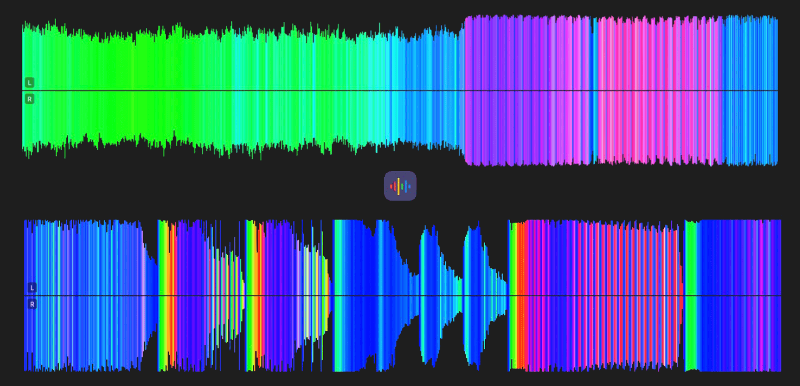 The waveform in Ampado PRO with frequency colors: bass red, mids green, highs blue