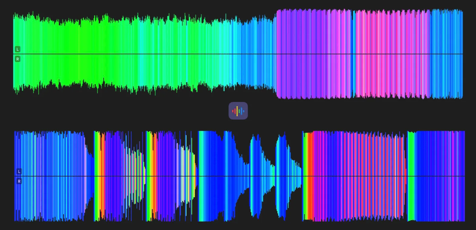 La forme d'onde d'Ampado PRO avec couleurs de fréquence : basses rouge, médiums vert, aigus bleu