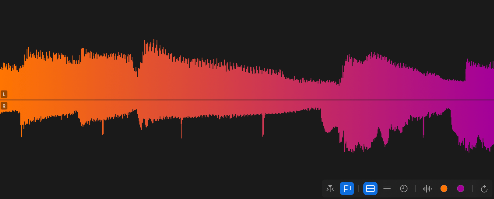 The waveform in Ampado PRO with separated channels: left on top, right below